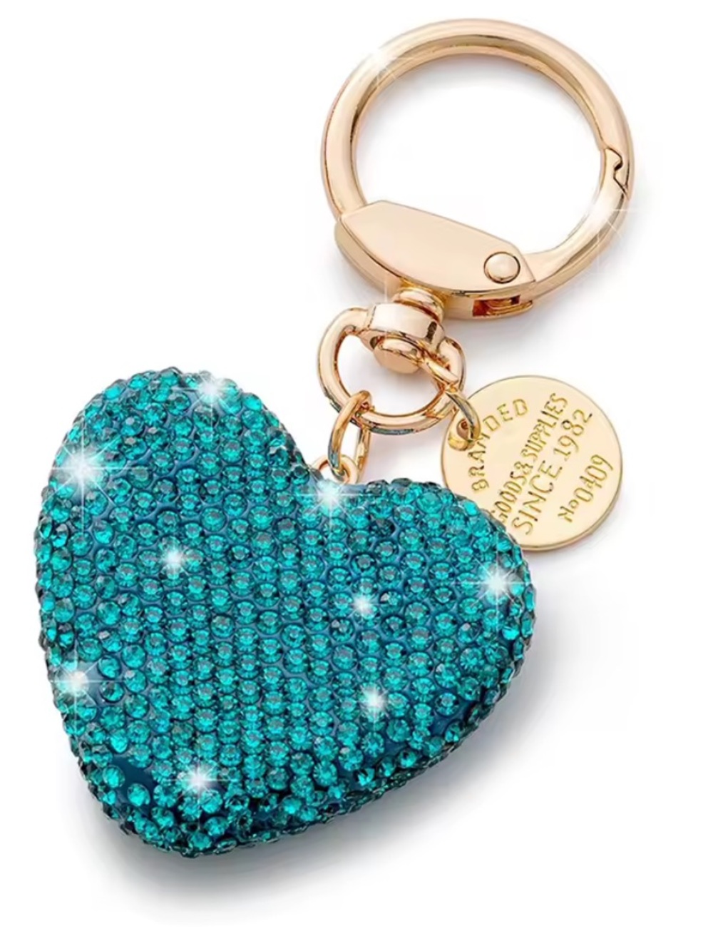 Gold-Tone Keyring with Teal Crystal Heart Charm - Picture 4 of 4